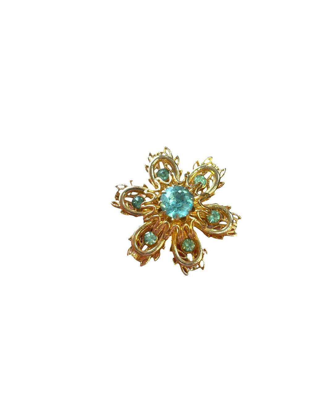 Vintage Gold Tone Aqua Rhinestone Flower Brooch Filigree Raised Center MCM